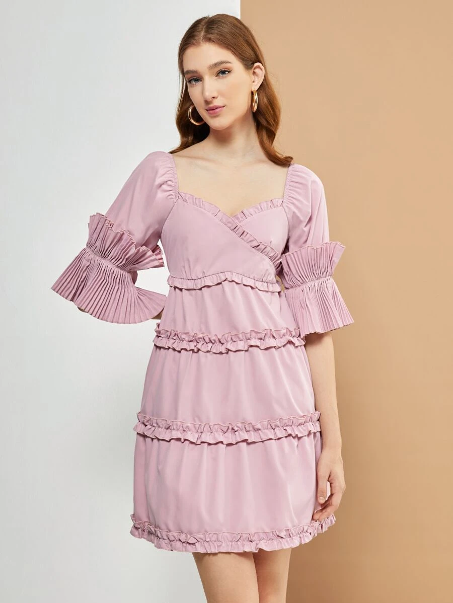 JIAN LASALA Frilled Sweetheart Neck Pleated Flounce Sleeve Dress - Dusty Pink - View 1