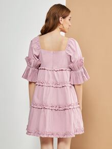 JIAN LASALA Frilled Sweetheart Neck Pleated Flounce Sleeve Dress - Dusty Pink - View 2