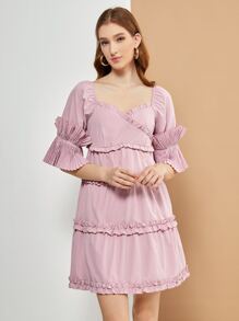 JIAN LASALA Frilled Sweetheart Neck Pleated Flounce Sleeve Dress - Dusty Pink - View 3