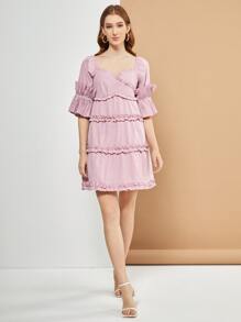JIAN LASALA Frilled Sweetheart Neck Pleated Flounce Sleeve Dress - Dusty Pink - View 4