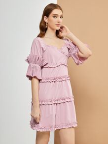 JIAN LASALA Frilled Sweetheart Neck Pleated Flounce Sleeve Dress - Dusty Pink - View 5