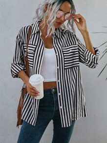 SHEIN LUNE 條紋圖案翻蓋口袋落肩袖襯衫 - 黑與白 - 查看 1