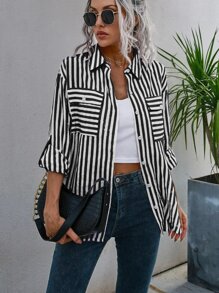 SHEIN LUNE 條紋圖案翻蓋口袋落肩袖襯衫 - 黑與白 - 查看 3