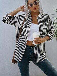 SHEIN LUNE 條紋圖案翻蓋口袋落肩袖襯衫 - 黑與白 - 查看 5