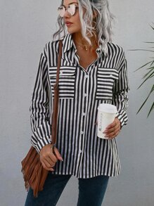 SHEIN LUNE 條紋圖案翻蓋口袋落肩袖襯衫 - 黑與白 - 查看 6