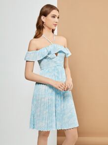 JIAN LASALA 设计师扎染荷叶边镂空褶皱连衣裙 - 藍白色 - 查看 3