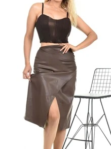 Falda con cremallera trasera bajo asimétrico fruncido - Marrón Chocolate - Ver 1