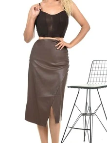 Falda con cremallera trasera bajo asimétrico fruncido - Marrón Chocolate - Ver 2