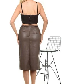 Falda con cremallera trasera bajo asimétrico fruncido - Marrón Chocolate - Ver 3