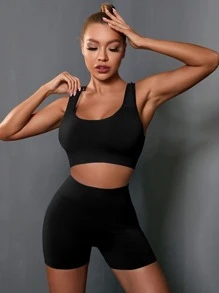 Powerista Bộ đồ tập yoga siêu co giãn liền mạch 2 món Bộ đồ thể thao & Áo ba lỗ Quần short bó sát mông Bộ đồ tập luyện cho nữ Bộ đồ tập gym cho nữ - màu đen - Xem 5