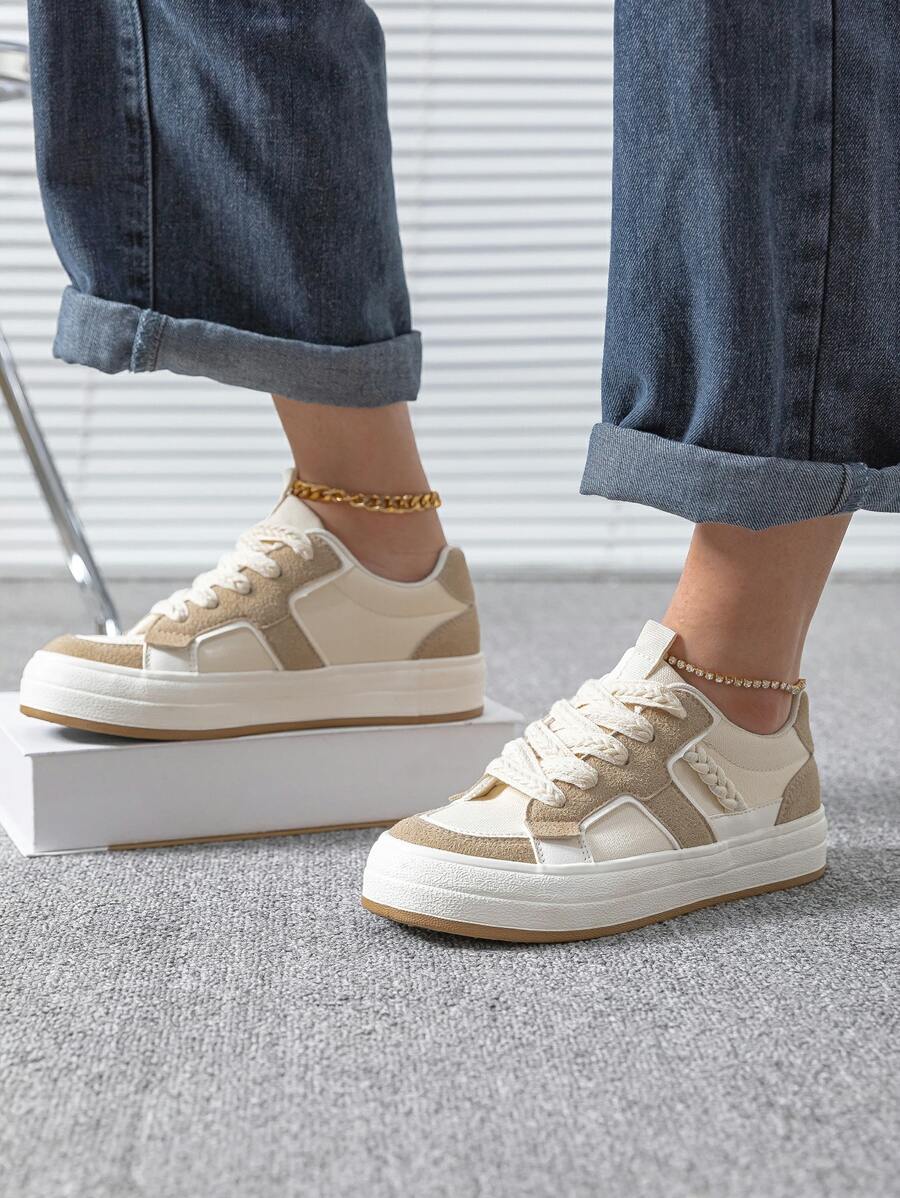 Canvas Two Tone Lace-up Front Skate Shoes, Khaki Sports Color-block Sneakers - Khaki - View 1