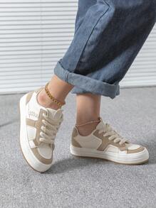 Canvas Two Tone Lace-up Front Skate Shoes, Khaki Sports Color-block Sneakers - Khaki - View 2