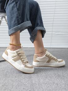 Canvas Two Tone Lace-up Front Skate Shoes, Khaki Sports Color-block Sneakers - Khaki - View 3