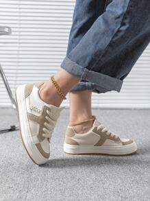 Canvas Two Tone Lace-up Front Skate Shoes, Khaki Sports Color-block Sneakers - Khaki - View 4