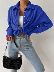 Chiquease Drop Shoulder Longline Shirt Without Cami Top - Royal Blue - View 6