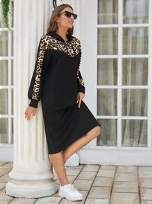 SHEIN LUNE Vestido con capucha con estampado de leopardo en contraste - Negro - Ver 1