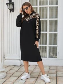 SHEIN LUNE Vestido con capucha con estampado de leopardo en contraste - Negro - Ver 4