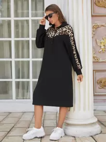 SHEIN LUNE Vestido con capucha con estampado de leopardo en contraste - Negro - Ver 5