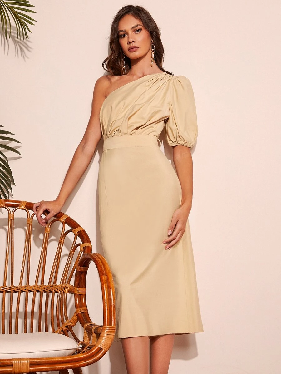 SHEIN Privé One Shoulder Puff Sleeve Dress - Khaki - View 1