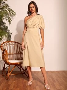 SHEIN Privé One Shoulder Puff Sleeve Dress - Khaki - View 3