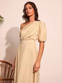 SHEIN Privé One Shoulder Puff Sleeve Dress - Khaki - View 4