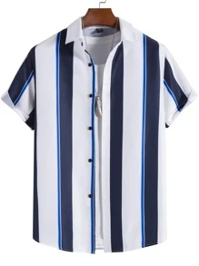 Manfinity Homme Nam 1 Miếng Nút phía trước Sọc Áo sơ mi - Xanh và trắng - Xem 1