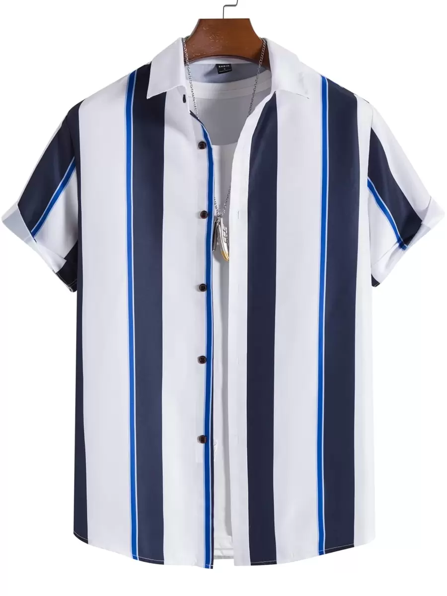 Manfinity Homme Nam 1 Miếng Nút phía trước Sọc Áo sơ mi - Xanh và trắng - Xem 1