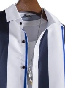 Manfinity Homme Nam 1 Miếng Nút phía trước Sọc Áo sơ mi - Xanh và trắng - Xem 4