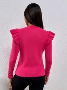 Chiquease Ruffle Trim Round Neck Sweater - Hot Pink - View 2