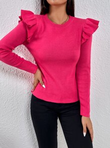 Chiquease Ruffle Trim Round Neck Sweater - Hot Pink - View 6