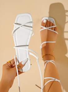 Giày sandal nữ màu trắng buộc dây thời trang với nơ trang trí. - trắng - Xem 4