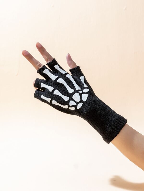 Skeleton Hand Print Fingerless Gloves SHEIN USA