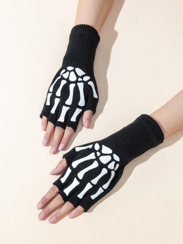 Skeleton Hand Print Fingerless Gloves SHEIN USA