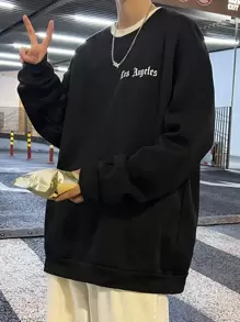 Manfinity Roghcode Men Letter Graphic Drop Shoulder Thermal Lined Sweatshirt - Black - View 4