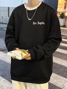 Manfinity Roghcode Men Letter Graphic Drop Shoulder Thermal Lined Sweatshirt - Black - View 2