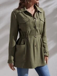 SHEIN LUNE Flap Pocket Elastic Waist Coat - Army Green - View 4