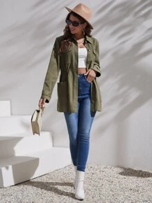 SHEIN LUNE Flap Pocket Elastic Waist Coat - Army Green - View 5