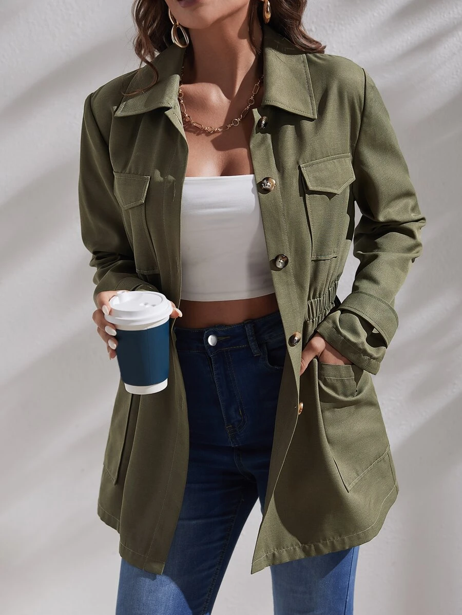 SHEIN LUNE Flap Pocket Elastic Waist Coat - Army Green - View 1