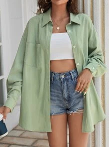 SHEIN EZwear Patched Pocket Drop Shoulder Shirt - Mint Green - View 1