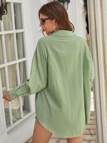 SHEIN EZwear Patched Pocket Drop Shoulder Shirt - Mint Green - View 2
