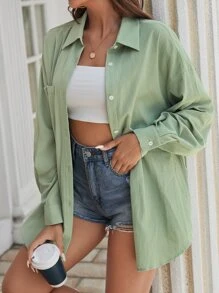 SHEIN EZwear Patched Pocket Drop Shoulder Shirt - Mint Green - View 6