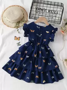 SHEIN Young Girl Elegant Butterfly Pattern Printed Layered Dress With Pleated Hem For Summer