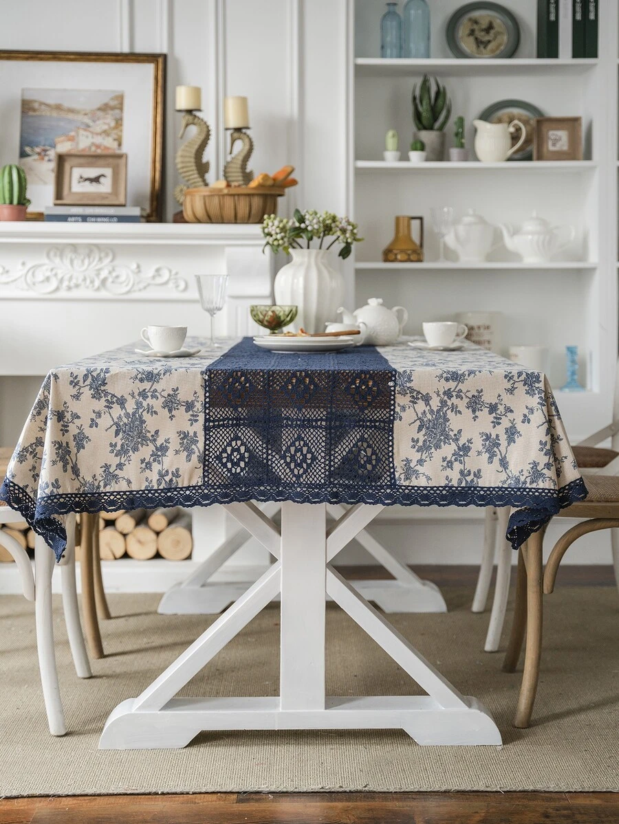 1pc Blue Rose Printed Patchwork Hollow Out Tablecloth - Multicolor - View 1