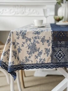1pc Blue Rose Printed Patchwork Hollow Out Tablecloth - Multicolor - View 2