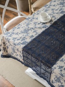 1pc Blue Rose Printed Patchwork Hollow Out Tablecloth - Multicolor - View 3