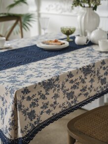 1pc Blue Rose Printed Patchwork Hollow Out Tablecloth - Multicolor - View 5