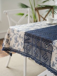 1pc Blue Rose Printed Patchwork Hollow Out Tablecloth - Multicolor - View 7