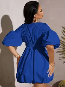 SHEIN SXY Deep V Neck Bishop Sleeve Dress - Royal Blue - View 2