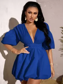 SHEIN SXY Deep V Neck Bishop Sleeve Dress - Royal Blue - View 3