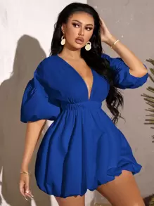 SHEIN SXY Deep V Neck Bishop Sleeve Dress - Royal Blue - View 4